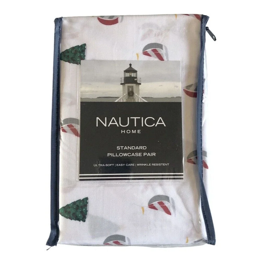 Nautica Christmas Tree Sailboat Standard Pillowcases Holiday Sails White 2 Pack